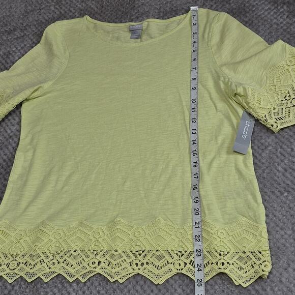 Chico's Cotton Modal Top Womens 2 US Large Slub Lace Hem Tee Lime Knit Casual - Picture 3 of 7